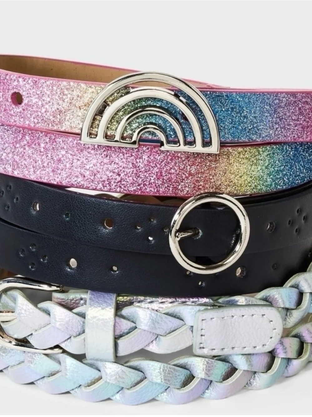 Cat & Jack Pink Glitter Rainbow Buckle, Black Round, Iridescent Braided Belt Set